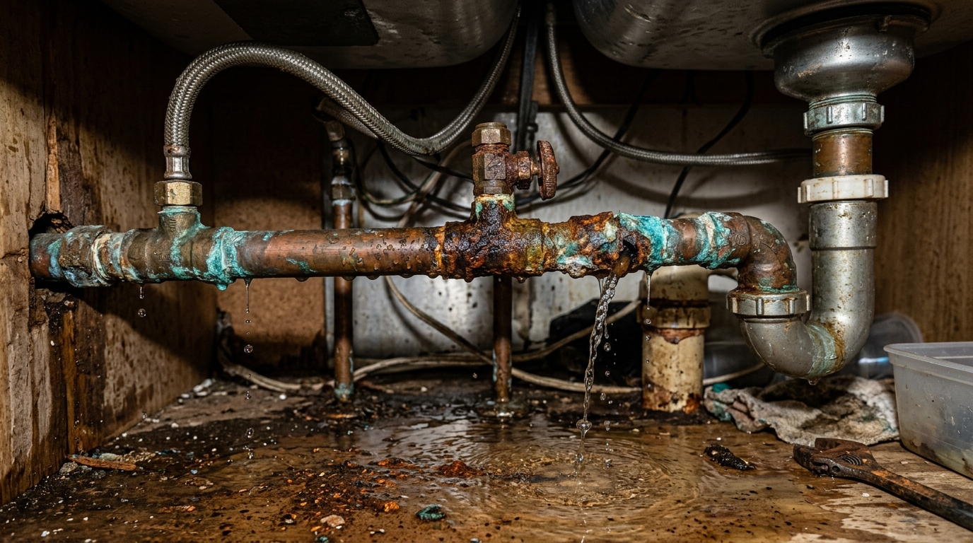 Corroded Galvanized Water Pipe Leak Before Replacement